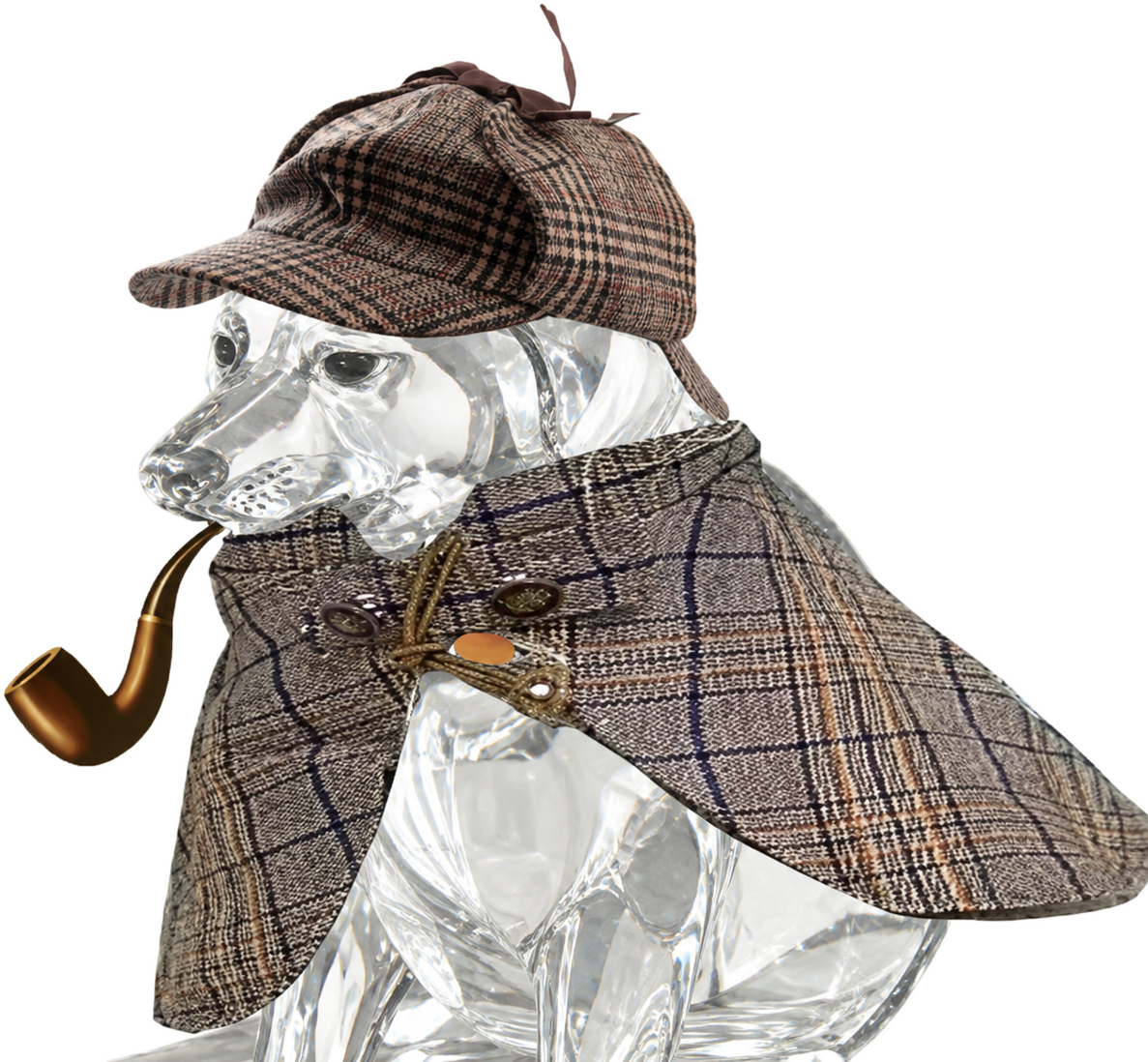 PipePons — a crystal detective dachshund wearing a deerstalker cap and tweed cape, smoking a brass pipe